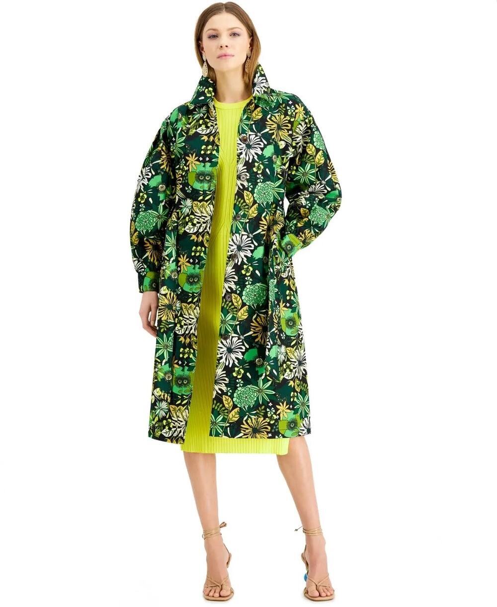 International Concepts Amara Blooms Floral Twill Trench Coat Large Botanical NWT